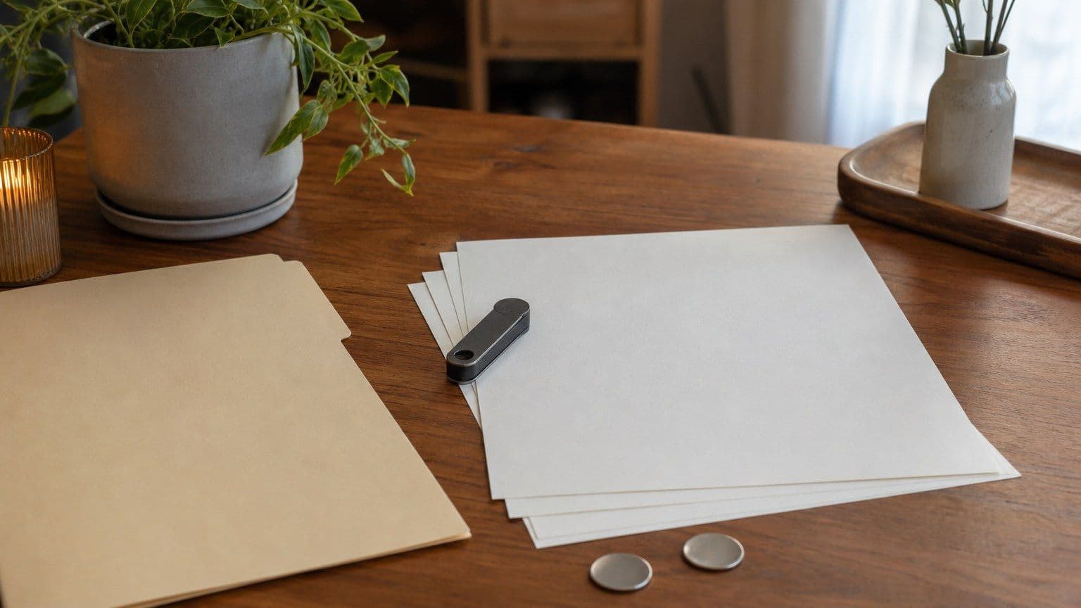 Mesa com documentos fiscais em branco, carteira de cripto e tokens metálicos para organizar dados de imposto de renda.