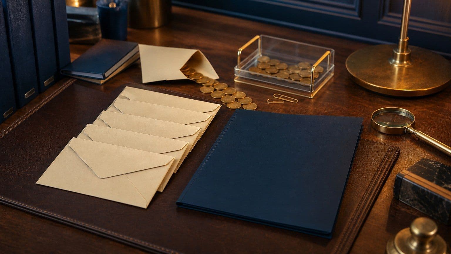 Mesa de investimento com envelopes de títulos públicos e uma bandeja separada representando taxas e impostos.