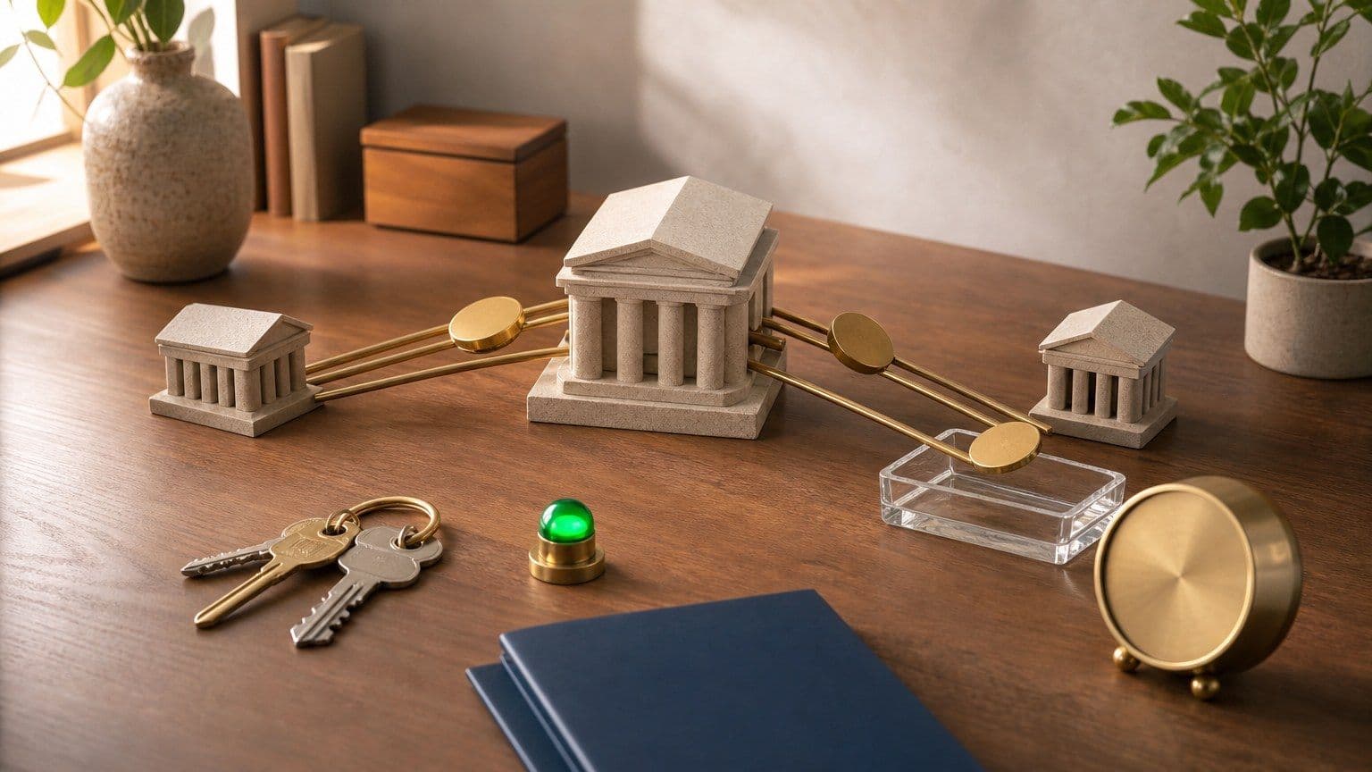 Mesa com modelo de banco central, trilhos de pagamento, chaves e elementos financeiros que representam a origem do Pix.
