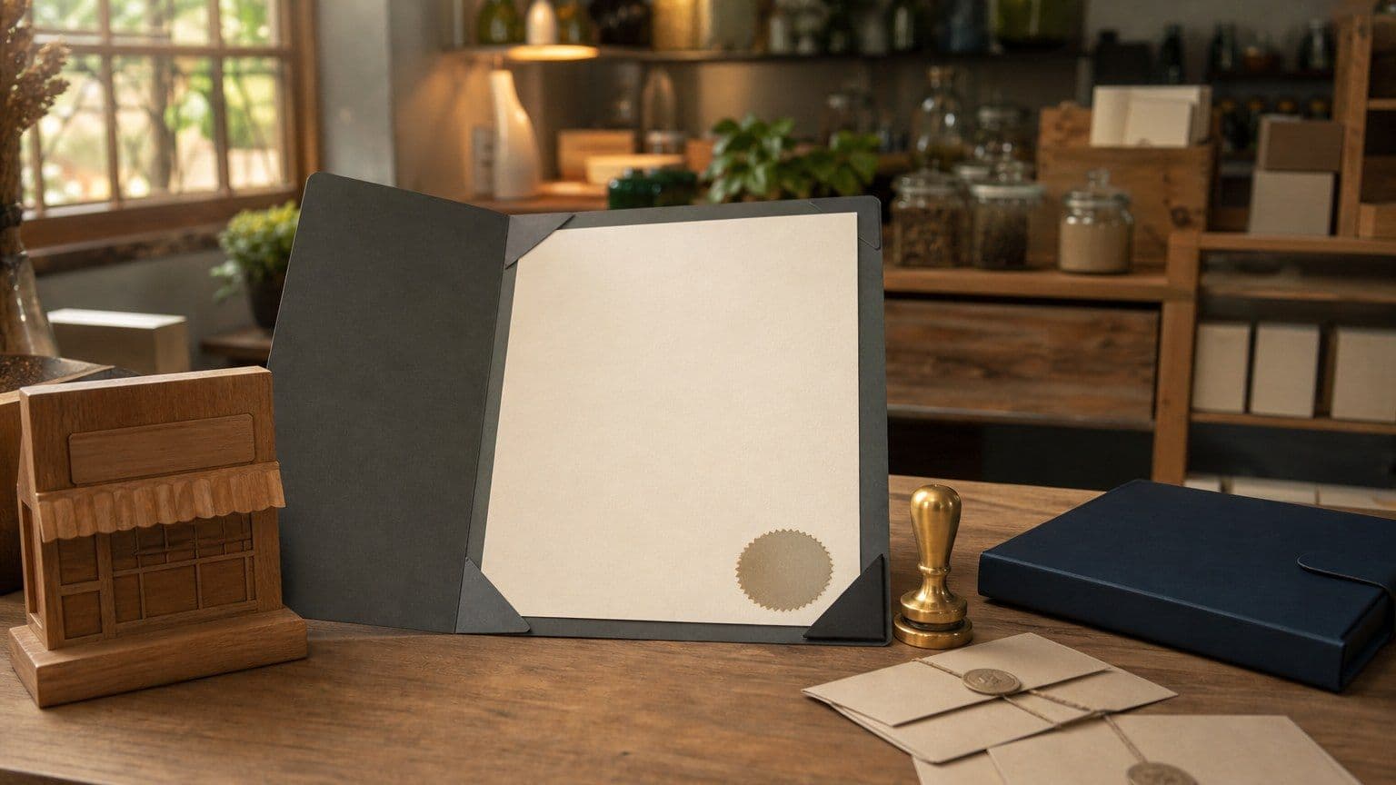 Documento de certificado MEI em uma mesa de pequeno negócio brasileiro com pasta, envelopes e carimbo.