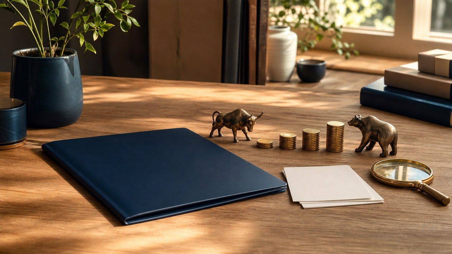 Mesa de estudos com pasta de investimento, fichas em branco e pequenos símbolos de mercado para representar o primeiro investimento em ações.