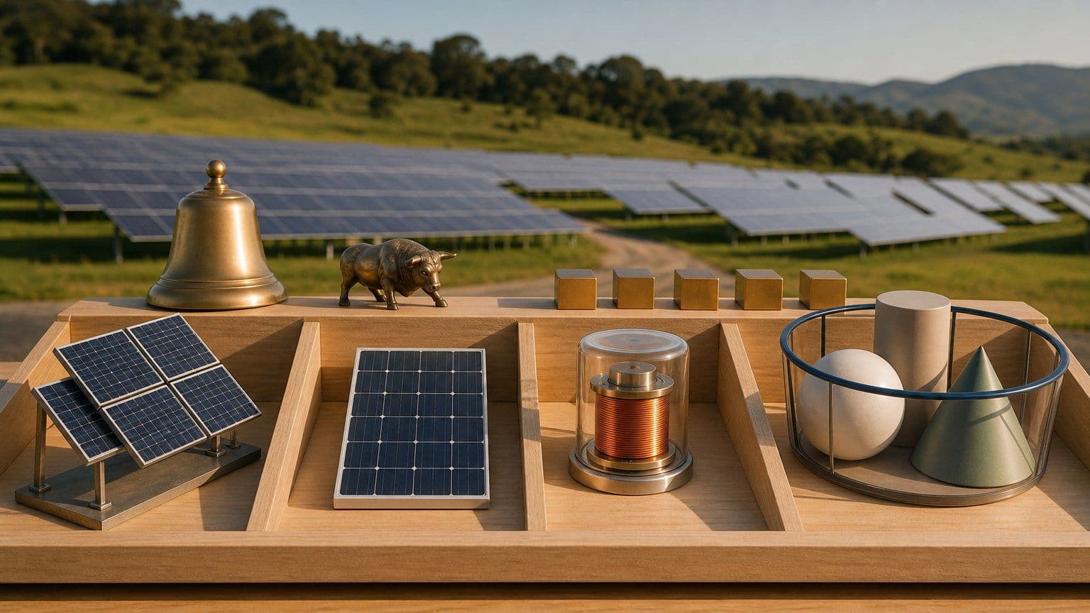 Quatro formas de exposição a ações de energia solar são organizadas diante de uma usina fotovoltaica.