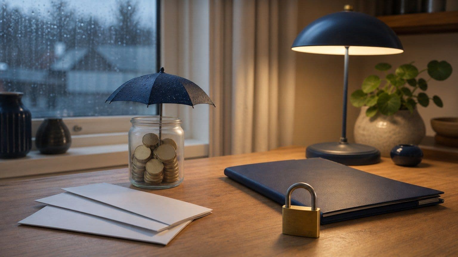Reserva financeira protegida sob um pequeno guarda-chuva ao lado de contas domésticas em uma mesa.