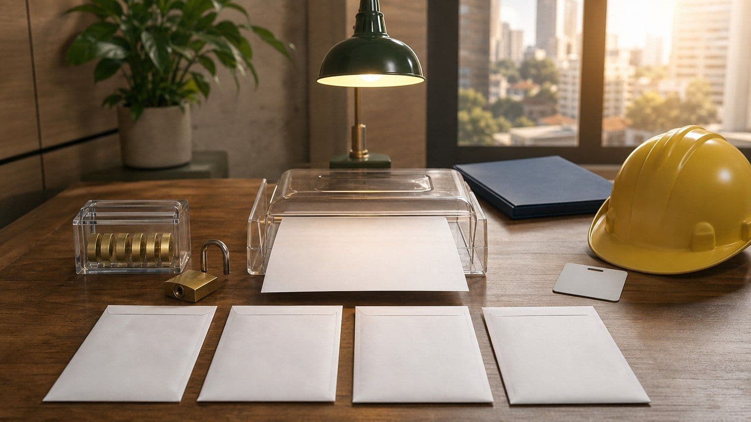 Mesa de regularidade do FGTS com documentos em branco, envelopes de folha de pagamento e sinal verde de aprovação.