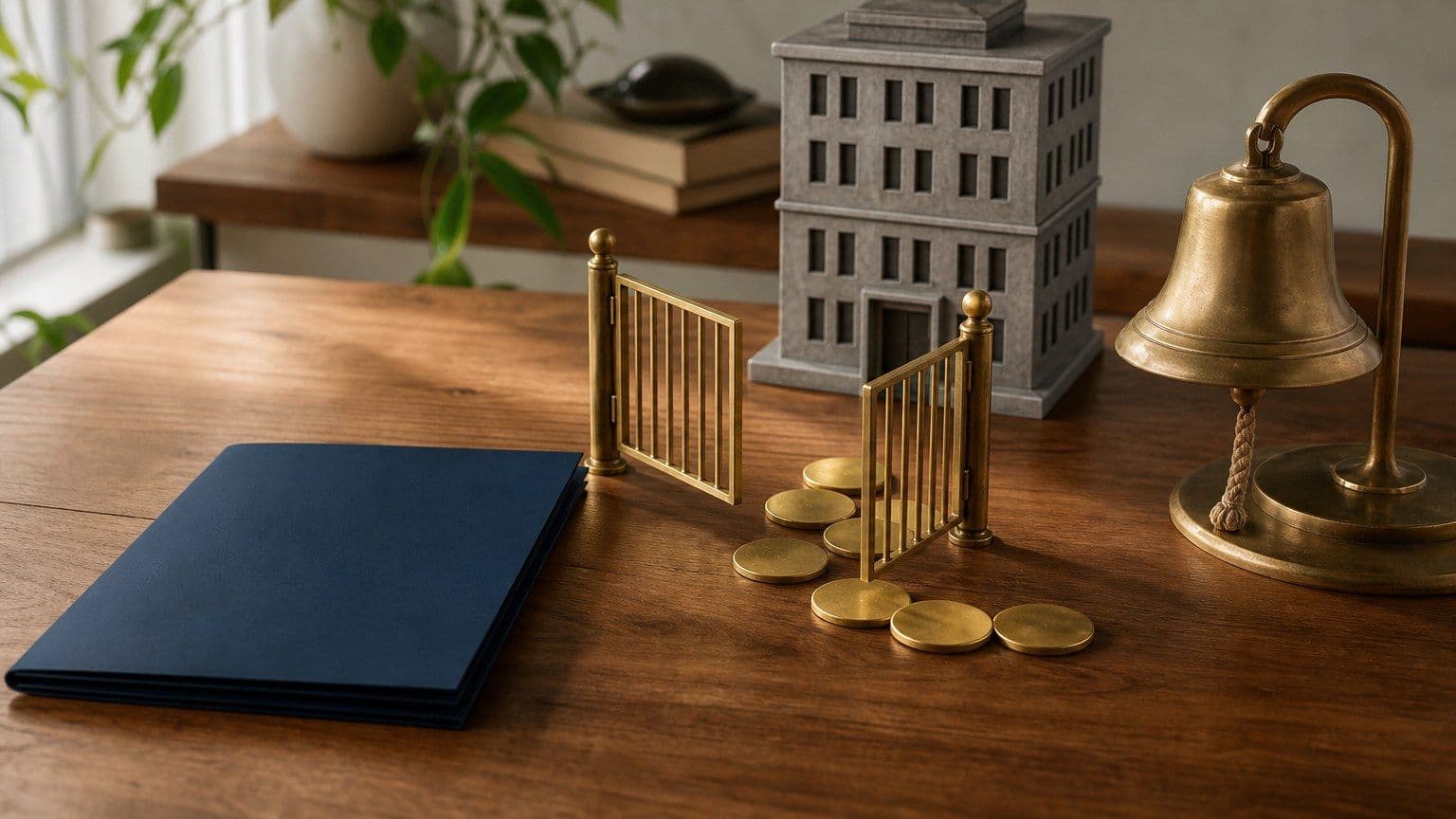 Modelo de empresa privada diante de um portão aberto que leva a um sino de bolsa, com ações sem identificação sobre a mesa.