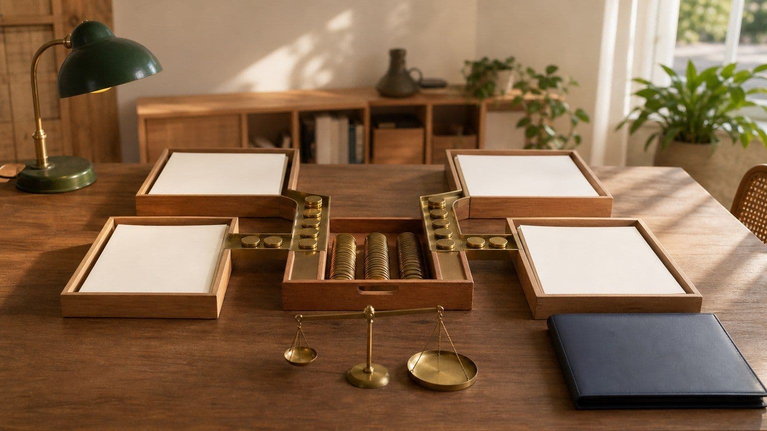 Mesa de investimentos com pastas de corretoras, moedas e balança para comparar custos e segurança.