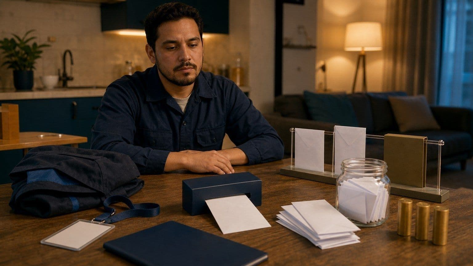 Pessoa em uma mesa de cozinha avaliando a antecipação do salário antes do dia de pagamento.