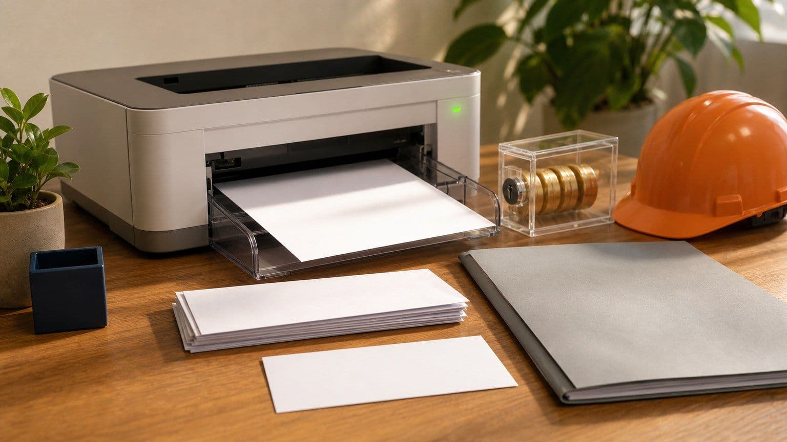Mesa de escritório brasileira com certificado em branco, envelopes de folha de pagamento, capacete de trabalho e objetos financeiros.