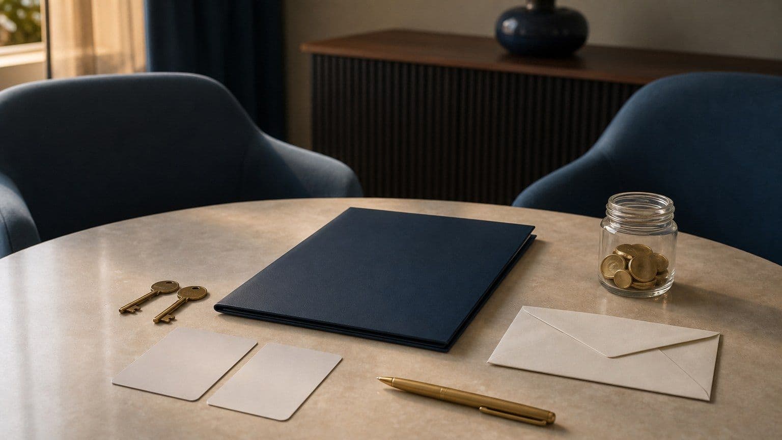 Mesa de autorização com pasta de procuração, documentos de identificação e chaves entre duas cadeiras.