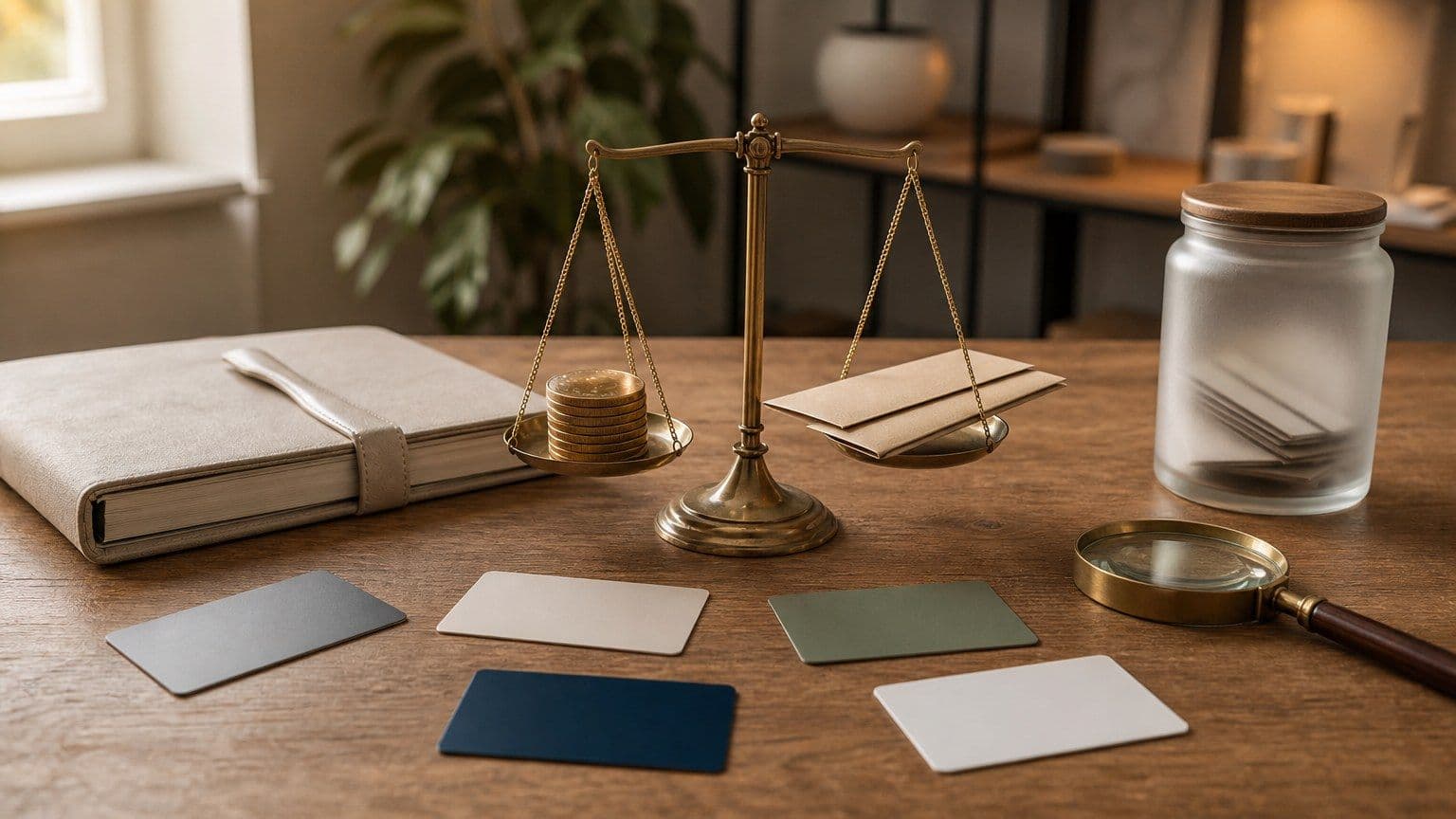 Cartões de crédito sem marcas sobre uma mesa, com balança e envelopes representando benefícios e custos.