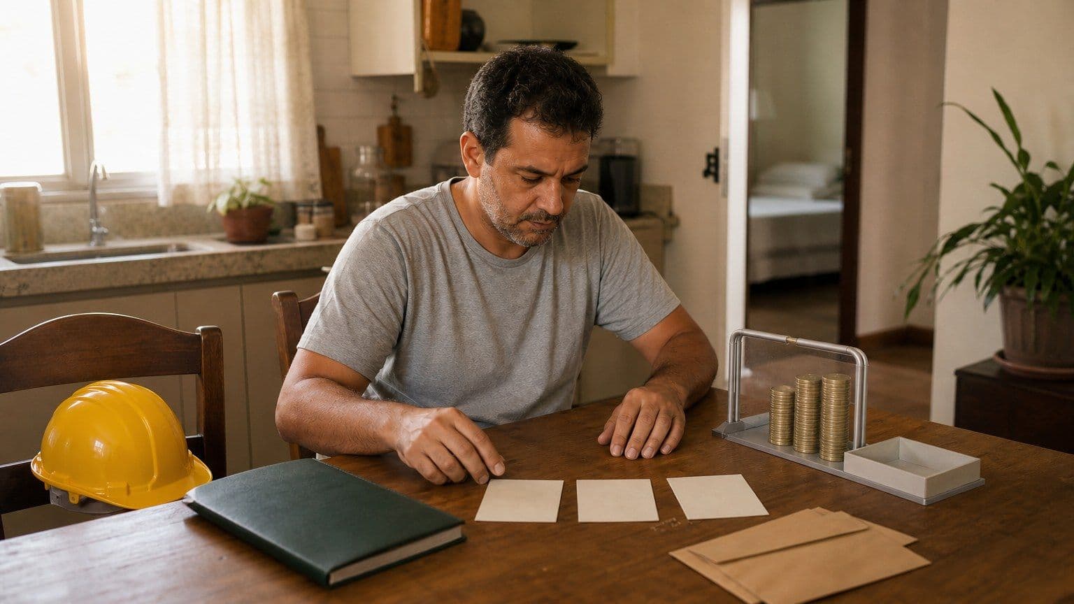 Trabalhador brasileiro consulta a elegibilidade para sacar uma conta inativa do FGTS em uma mesa com envelopes e calendário sem texto.
