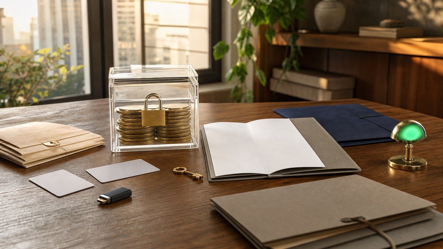Mesa de escritório com caixa transparente trancada, chave, pastas em branco e token digital para representar a procuração do FGTS Digital.