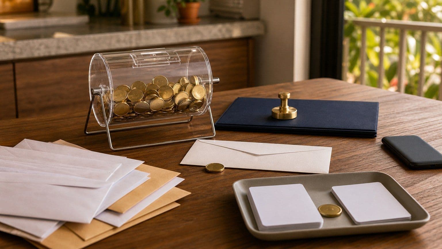 Mesa de orçamento com urna de sorteio, envelope de prêmio e fichas sem marca para ilustrar o Pix do Milhão.