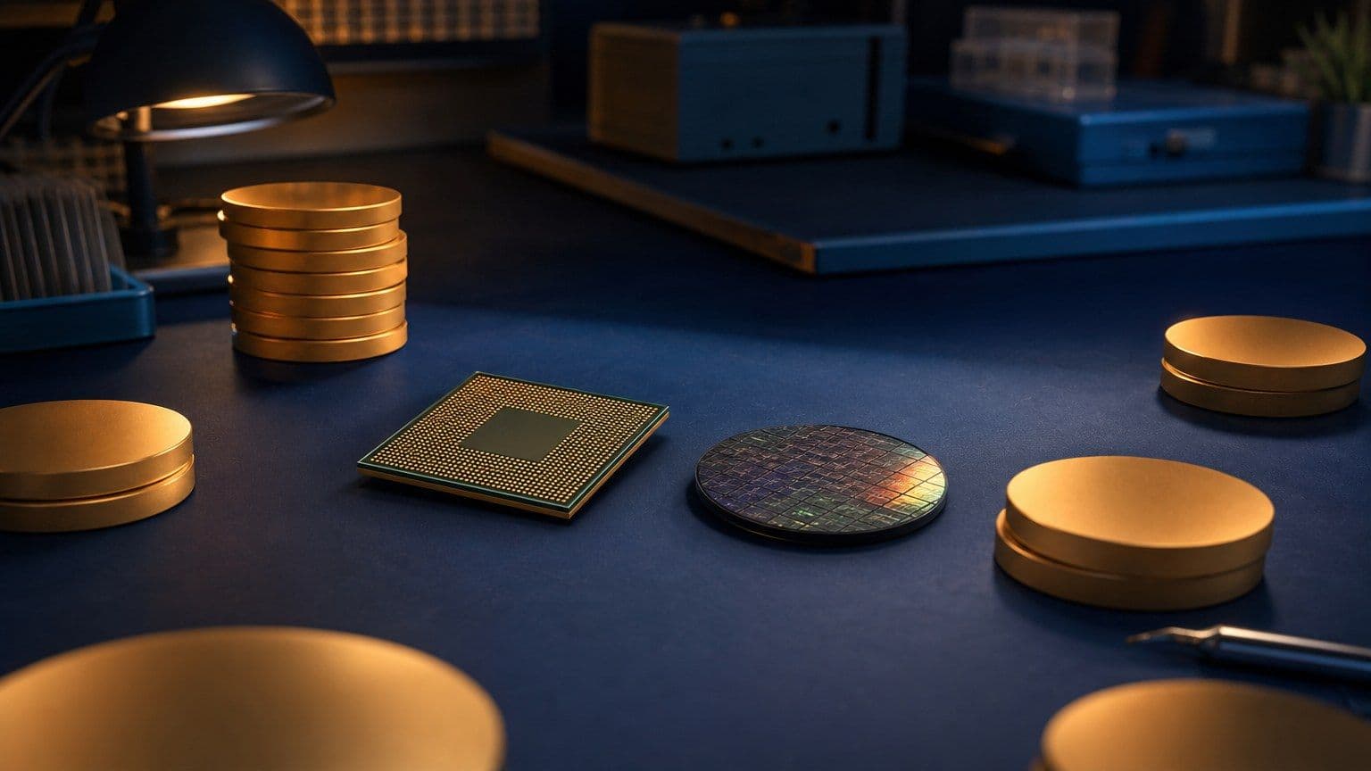 Processador de silício e wafer ao lado de discos metálicos que representam investimentos em tecnologia.