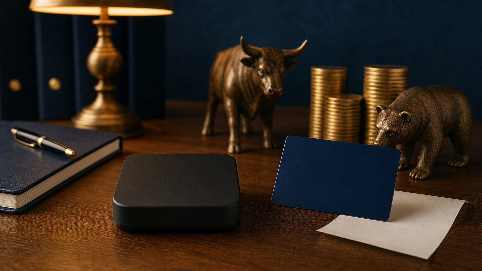 Cena editorial de segurança de pagamento digital com cartão sem marca, recibo em branco e moedas em uma mesa.
