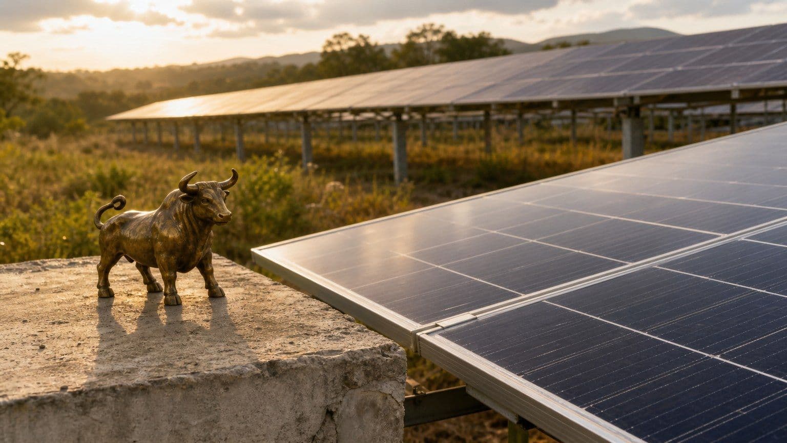 Touro de bronze ao lado de painéis solares em uma usina fotovoltaica.