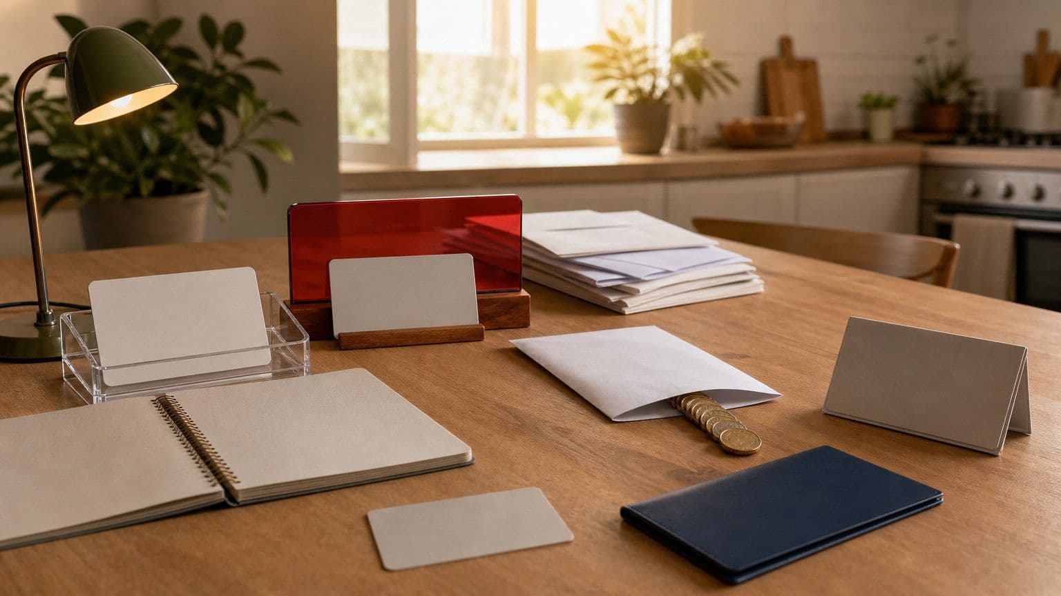 Mesa brasileira com cartões em branco, envelopes de dívida e uma pasta de crédito representando opções para negativados.