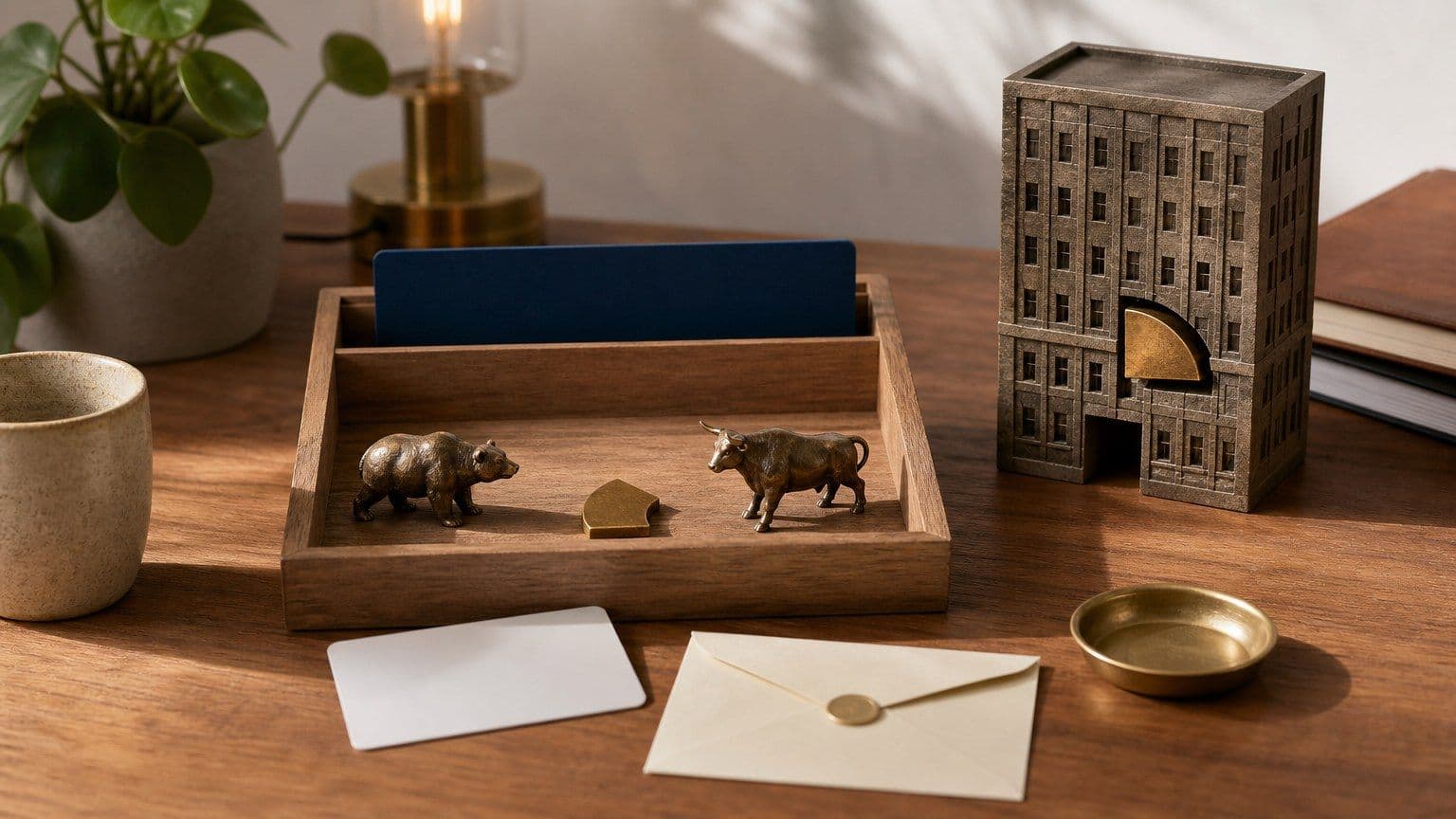 Mesa de investimento mostra uma primeira participação em empresa entre figuras de touro e urso.