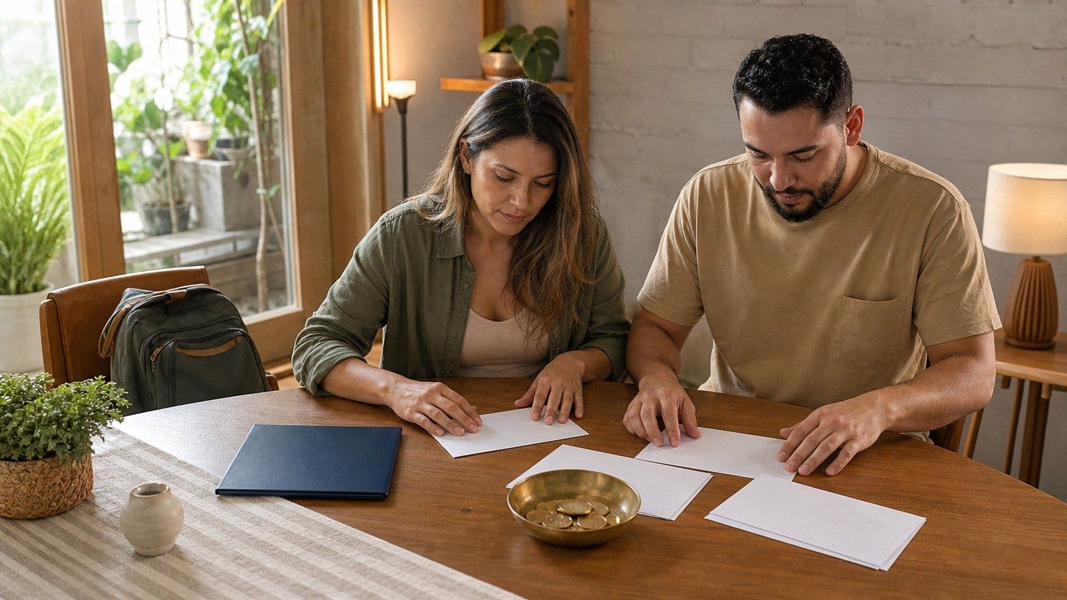 Casal brasileiro organiza contas da família em uma mesa com envelopes, moedas e pasta de reserva.