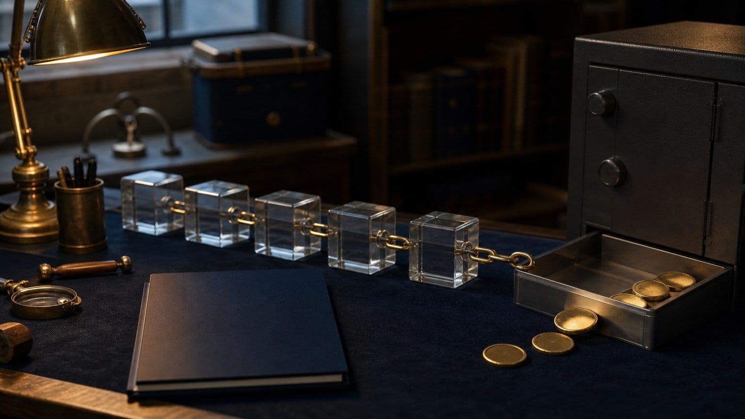 Blocos transparentes conectados por corrente sobre uma mesa financeira, representando uma rede blockchain.